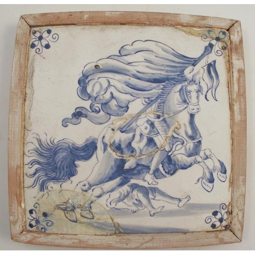 155 - Six various framed tiles, all decorated in blue and white with figures and landscapes, tile size app... 