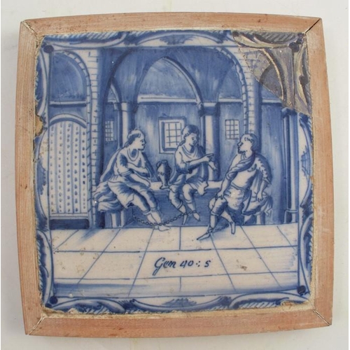 155 - Six various framed tiles, all decorated in blue and white with figures and landscapes, tile size app... 