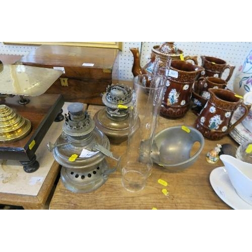 164 - 2 OIL LAMPS WITH GLASS CHIMNEYS