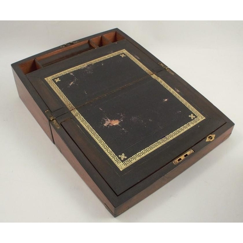 165 - A 19th century walnut writing box, with brass inlaid corners, the interior with inset leather slopin... 