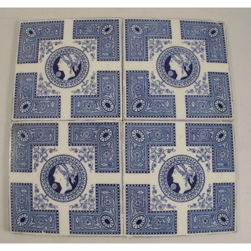 176 - A set of four Josiah Wedgwood & Sons tiles, decorated in blue and white with a classical design, 6in... 