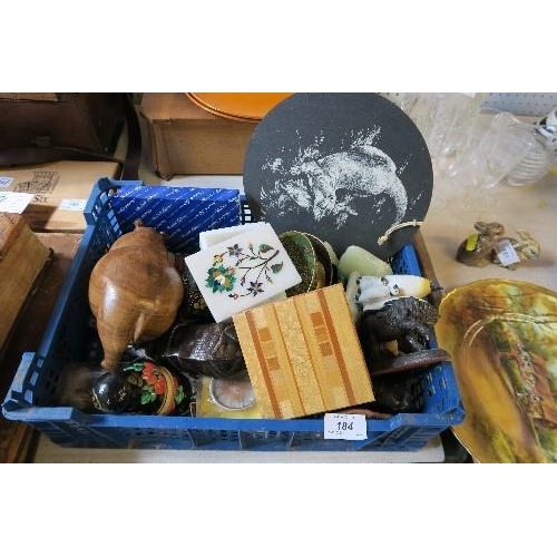 184 - A BOX OF ASSORTED ORNAMENTS, INCLUDING ONYX MODELS, MODEL ELEPHANT, ETC.