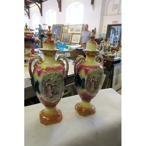 190 - A PAIR OF CONTINENTAL COVERED VASES, A GINGER JAR AND ANOTHER ORIENTAL STYLE VASE