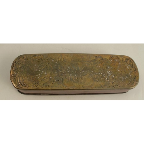 204 - An 18th century Dutch copper and brass tobacco box, with embossed decoration of figures and text, le... 