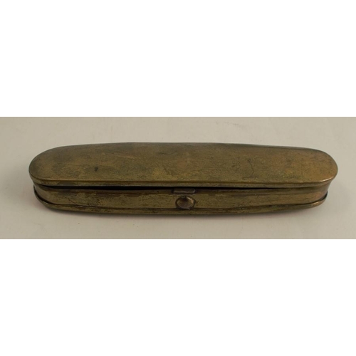 204 - An 18th century Dutch copper and brass tobacco box, with embossed decoration of figures and text, le... 