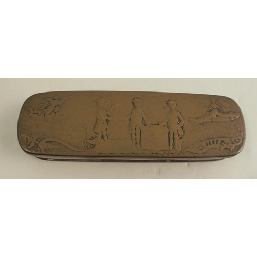 204 - An 18th century Dutch copper and brass tobacco box, with embossed decoration of figures and text, le... 