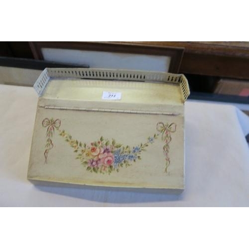 212 - A DESK TOP STATIONERY BOX, WITH GALLERIED BACK AND DECORATED WITH FLORAL SWAGS