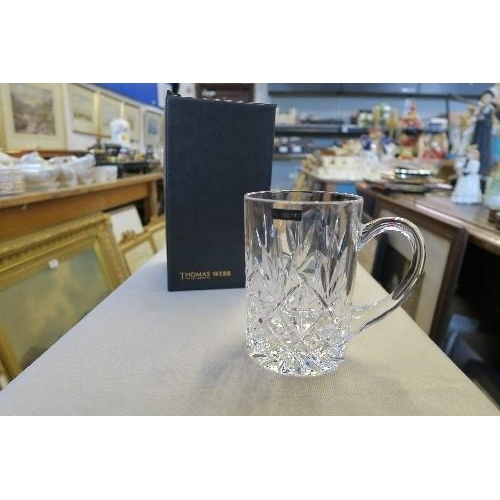 218 - A BOXED STUART CRYSTAL SUGAR SIFTER, HEIGHT 7.5INS, TOGETHER WITH A THOMAS WEBB BOXED TANKARD, HEIGH... 