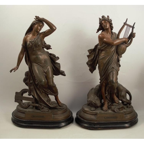 226 - A pair of 19th century spelter figures, of Orphee and Eurydice, height 19.5ins