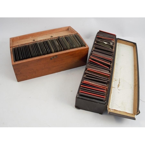 227 - Two boxes of various lantern and glass slides, the one box containing pictorial views, the other wit... 