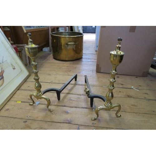 251 - A PAIR OF BRASS FIRE DOGS, HEIGHT 18INS