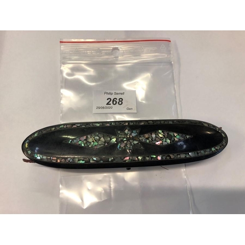 268 - A PAPIER MACHE AND MOTHER OF PEARL GLASSES CASE, CONTAINING A PAIR OF GLASSES