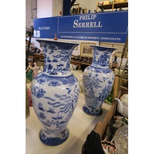 290 - A PAIR OF BLUE AND WHITE VASES OF BALUSTER FORM, DECORATED IN CHINESE STYLE, HEIGHT 18INS X MAX WIDT... 