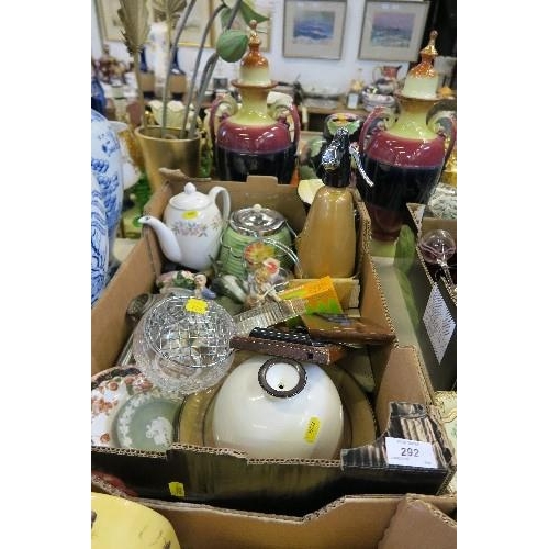 292 - A BOX OF SUNDRIES, TO INCLUDE SODA SYPHON, WEDGWOOD STYLE PLATE, QUARTZ CLOCK, FIGURINES, ETC.