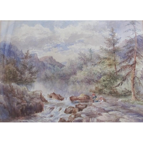 315 - M F Thomas, watercolour, On the Llugwy, children playing by a stream, 10.75ins x 14.5ins