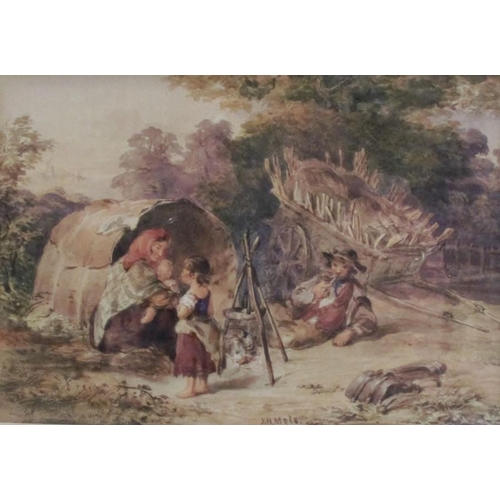 316 - John Henry  Mole, watercolour, figures round a fire, signed and dated 1844, 4.5ins x 6ins