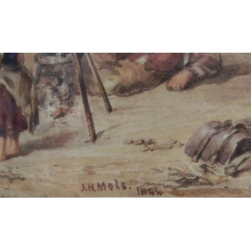 316 - John Henry  Mole, watercolour, figures round a fire, signed and dated 1844, 4.5ins x 6ins