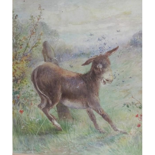 322 - C H C Baldwyn, watercolour, Donkey having a scratch on a post, 7ins x 6ins