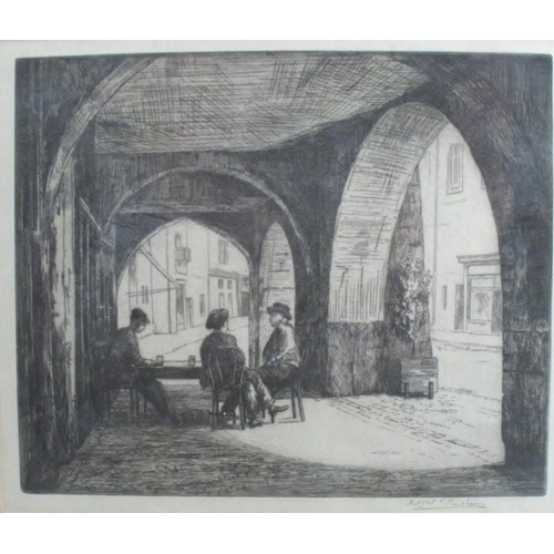 334 - Edgar F Fincham, black and white etching, figures seated at a table under an arch, 9ins x 10.5ins, t... 