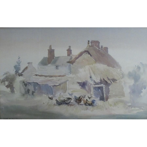 345 - Sybil Mullen Glover, watercolour, thatched cottage and chickens, 11ins x 18ins, together with anothe... 