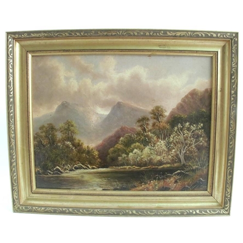 348 - W H Rooke, two oil on artist board, landscapes with rivers, trees and mountains beyond, 8.5ins x 11.... 