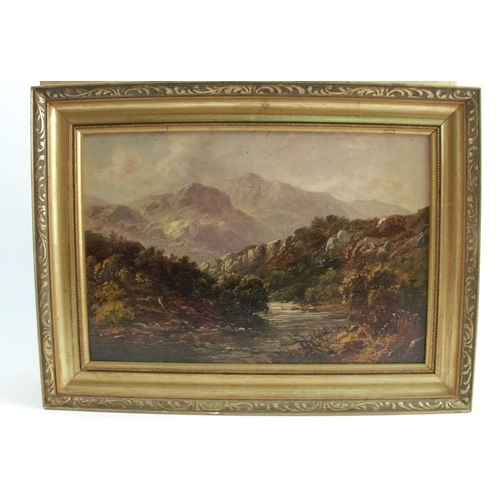 348 - W H Rooke, two oil on artist board, landscapes with rivers, trees and mountains beyond, 8.5ins x 11.... 