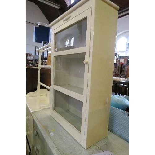 37 - A PAINTED WASH STAND, WIDTH 35INS TOWEL RAIL AND GLAZED CABINET, WIDTH 24INS X HEIGHT 36INS