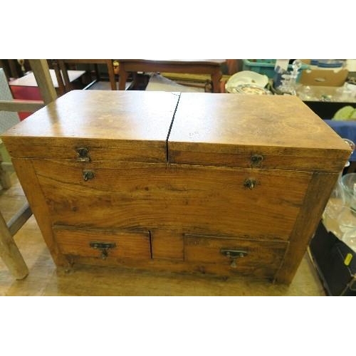 40 - A COFFEE TABLE, BENCH, STOOL, BOX WITH LIFT UP LID CONTAINING COMPARTMENTS AND DRAWERS, STOOL, TORCH... 