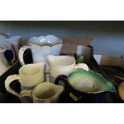 412 - 2 BOXES OF ASSORTED CHINA AND GLASS, TO INCLUDE JUGS, VASES, ETC.