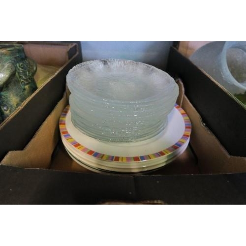 414 - 3 BOXES OF ASSORTED CHINA AND GLASS TO INCLUDE GLASS PLATES, POTTERY BOWLS, ETC.