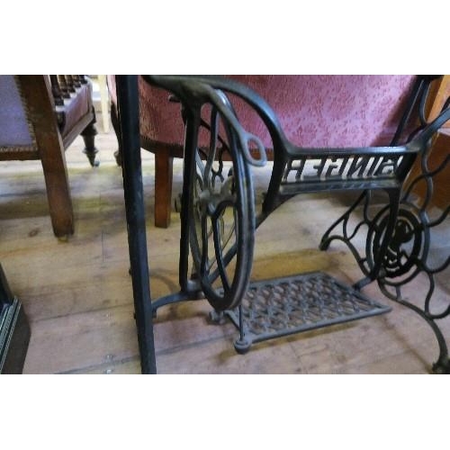 51 - A TREADLE SEWING MACHINE BASE WITH NEW TOP, 32INS X 20.5INS X HEIGHT 29.5INS