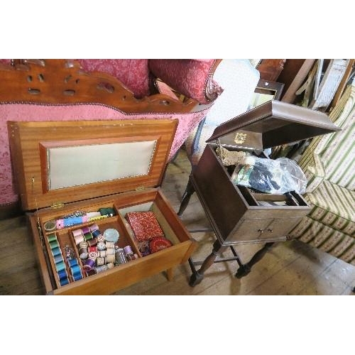 52 - A WALNUT SEWING TABLE, TOGETHER WITH A CONVERTED HMV GRAMOPHONE WITH SEWING ACCESSORIES