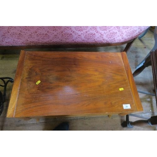 52 - A WALNUT SEWING TABLE, TOGETHER WITH A CONVERTED HMV GRAMOPHONE WITH SEWING ACCESSORIES