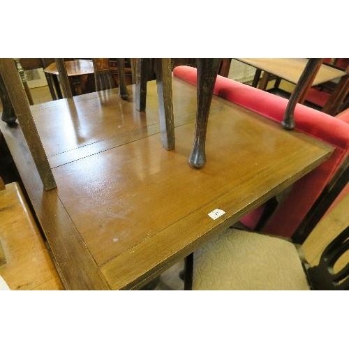 62 - A DRAW LEAF TABLE, CLOSED DIMENSIONS 35.5INS X 35.5INS, TOGETHER WITH FOUR DINING CHAIRS WITH INLAID... 