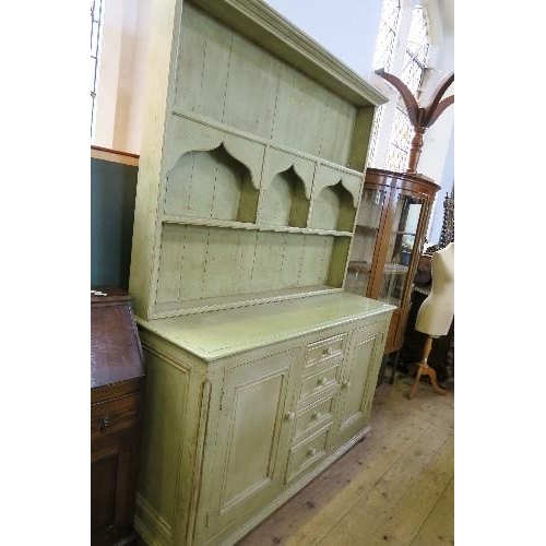 7 - A GREEN PAINTED DRESSER, WIDTH 59INS X DEPTH 20INS X HEIGHT 82.5INS