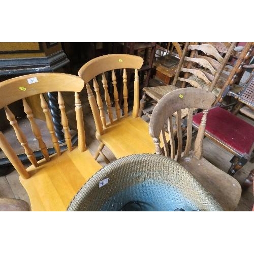 91 - FOUR PINE KITCHEN CHAIRS, TWO LLOYD LOOM STYLE CHAIRS, A MAGAZINE RACK AND TWO OTHER CHAIRS (9)