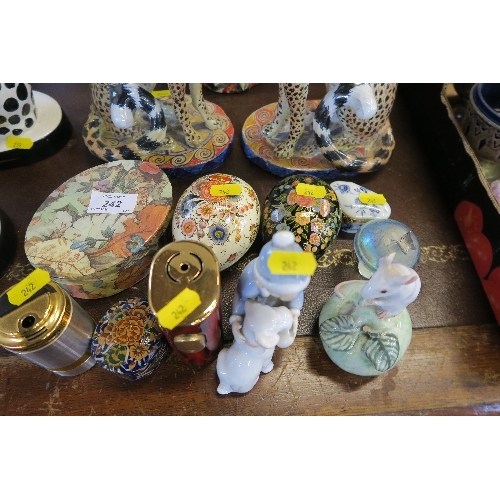 242 - A COLLECTION OF PAPIER MACHE EGGS, ORNAMENTS, LIGHTER, ETC.