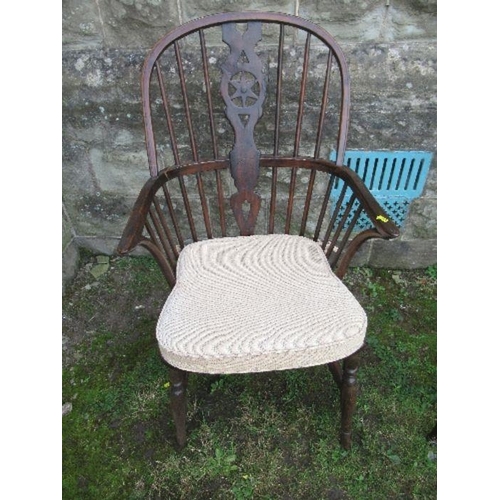 15 - An antique style Windsor chair, splat damaged and restored, split to back stretcher, together with a... 