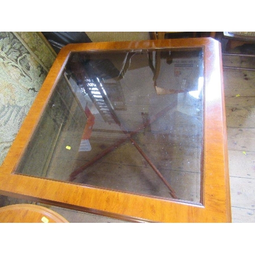 5 - An American reproduction glass top coffee table, width 41ins x height 17.5ins, together with a circu... 