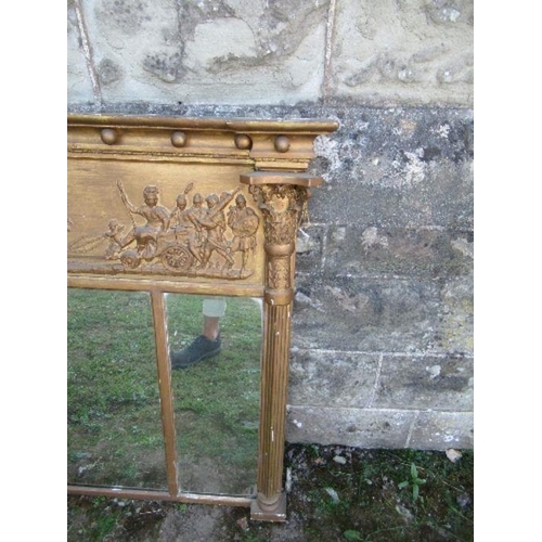 57 - A Regency design triple plate mirror, the gilded frame having classical decoration, width 55ins x he... 