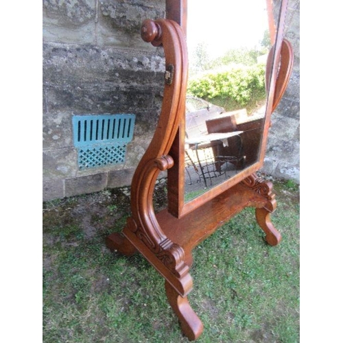 58 - A 19th century mahogany framed cheval mirror, plate size 46ins x 25.5ins, x max height 66ins