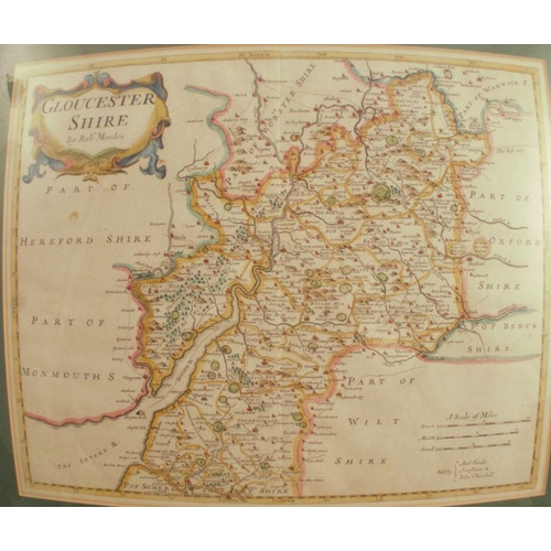 65 - Robert Morden, a framed 18th Century hand coloured map of Gloucestershire, 13.25ins x 16.5ins