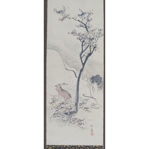 68 - Four 18/19th century Kakemono, ink and colour, stag on a mountain, 46ins x 10ins, rushes and grass, ... 