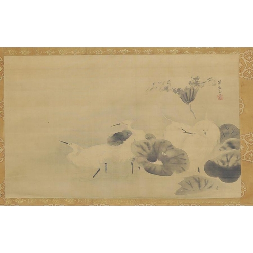 70 - Manner of Gion Nankai, ink, hanging scroll of egrets and lotus plants, with signature Nankai Gen'yu ... 