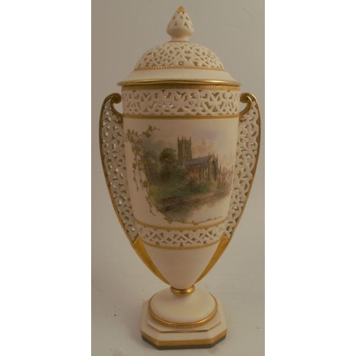 734 - A Grainger & Co Royal China Works Worcester reticulated ivory vase and cover, decorated with a view ... 