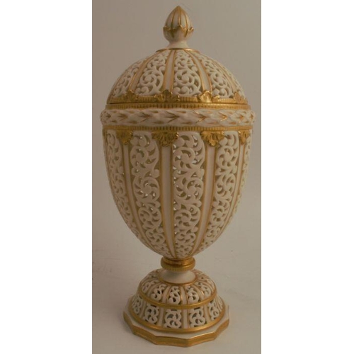 735 - A Grainger & Co Worcester reticulated ivory covered vase, attributed to George Owen, with pierced pa... 