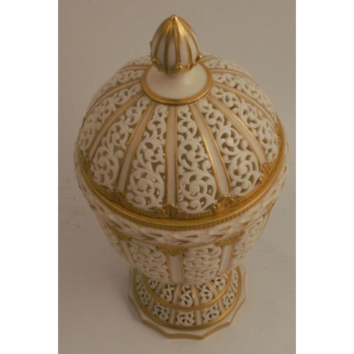 735 - A Grainger & Co Worcester reticulated ivory covered vase, attributed to George Owen, with pierced pa... 