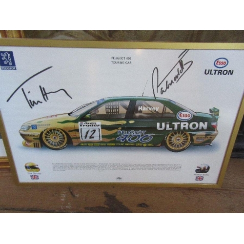 78 - Two framed motoring prints, PEUGEOT 406 rallying, one signed by Tim Harvey And Patrick Watts