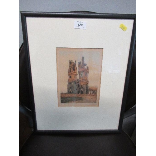 104 - Marcel Augis, French colour engraving, Abbey in Calais, 8.5ins x 6ins