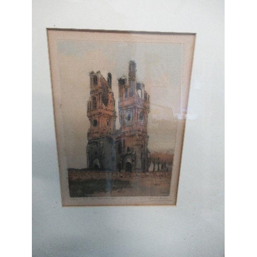 104 - Marcel Augis, French colour engraving, Abbey in Calais, 8.5ins x 6ins